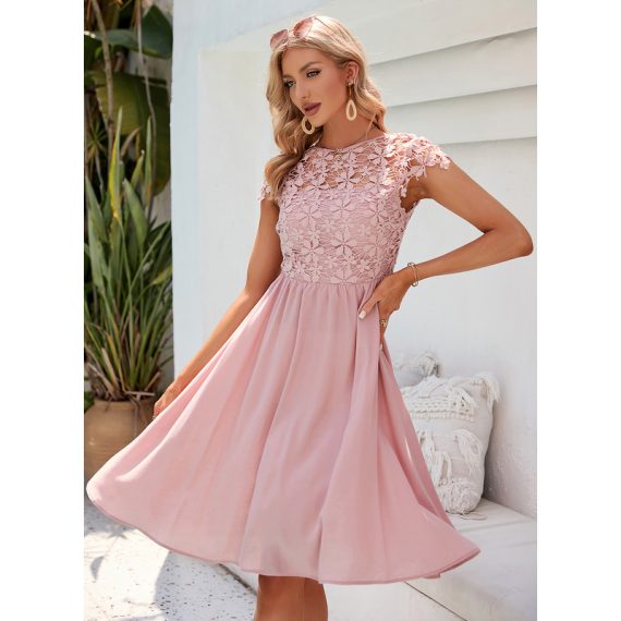 Round Neck Short Sleeves Elegant A-line Polyester Midi Dresses
