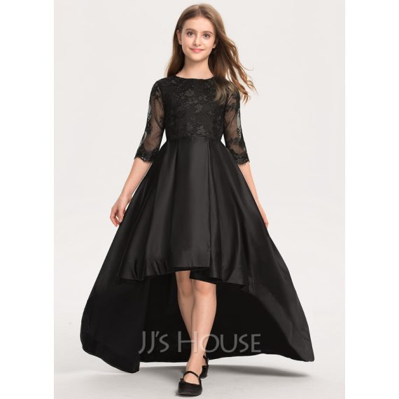 A-line Scoop Asymmetrical Lace/Satin Flower Girl Dress