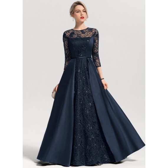 A-Line Scoop Illusion Floor-Length Satin Lace Evening Dress With Sequins