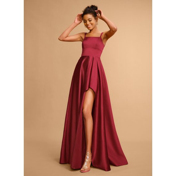 A-Line Square Floor-Length Satin Prom Dresses