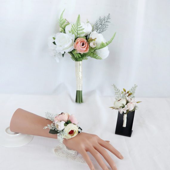 Romantic Round Silk Flower Wedding Bouquet sets (set of 3) - Wrist Corsage/Boutonniere/Bridal Bouquets