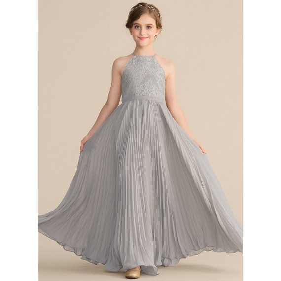 A-Line Halter Floor-Length Chiffon Lace Junior Bridesmaid Dress With Pleated