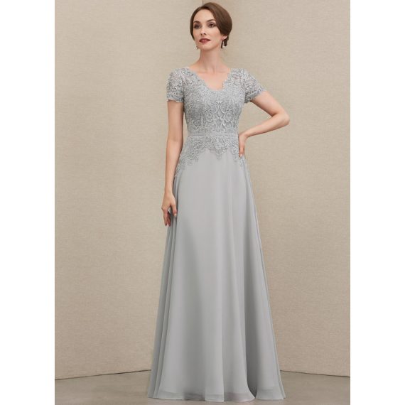 A-Line V-neck Floor-Length Chiffon Lace Mother of the Bride Dress With Sequins