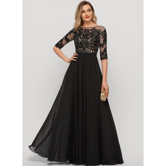 A-Line Boat Neck Illusion Floor-Length Chiffon Lace Evening Dress With Sequins