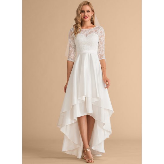 A-Line Scoop Asymmetrical Satin Lace Wedding Dress