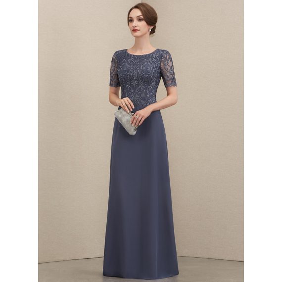 A-Line Scoop Floor-Length Chiffon Lace Evening Dress With Sequins