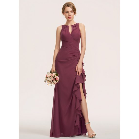 Sheath/Column Scoop Floor-Length Chiffon Bridesmaid Dress With Cascading Ruffles