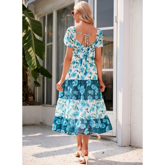 V-Neck Short Sleeves Elegant A-line Chiffon Midi Dresses