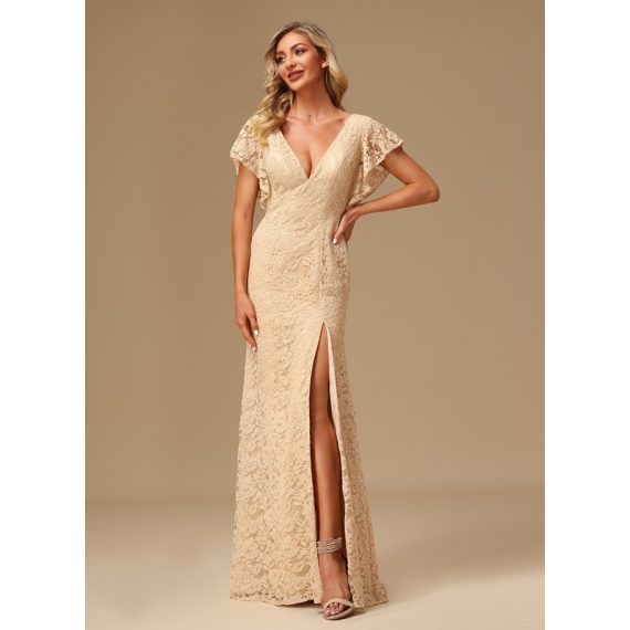 A-Line V-neck Floor-Length Lace Bridesmaid Dress