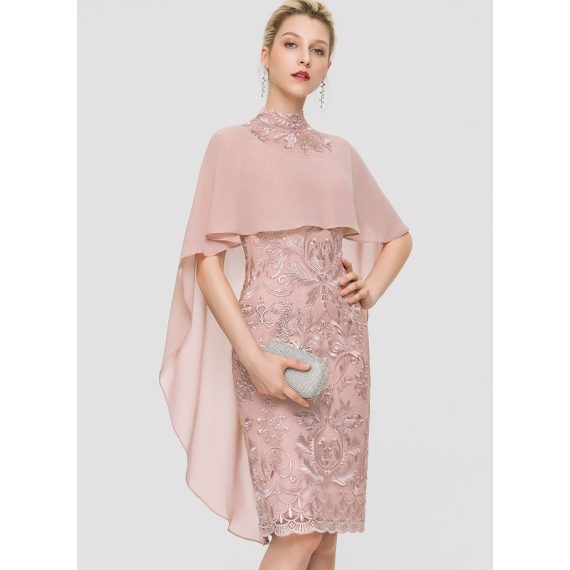 Sheath/Column High Neck Knee-Length Chiffon Lace Cocktail Dress