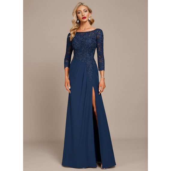 Sheath/Column Scoop Floor-Length Chiffon Lace Evening Dress With Pleated Rhinestone