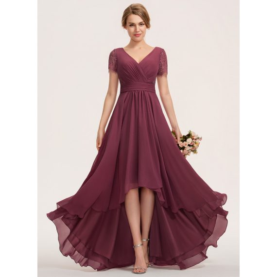 A-Line V-neck Asymmetrical Chiffon Lace Bridesmaid Dress With Pleated