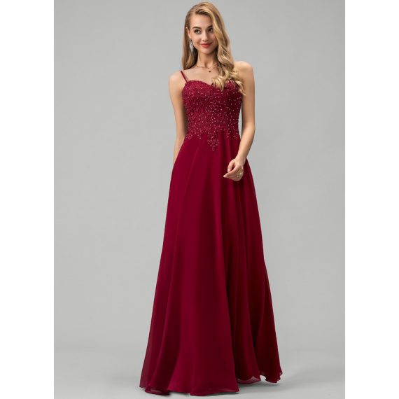 A-Line Sweetheart Floor-Length Chiffon Lace Prom Dresses With Rhinestone