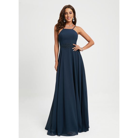 A-Line Halter Floor-Length Chiffon Lace Prom Dresses