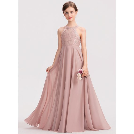 A-Line Halter Floor-Length Chiffon Lace Junior Bridesmaid Dress