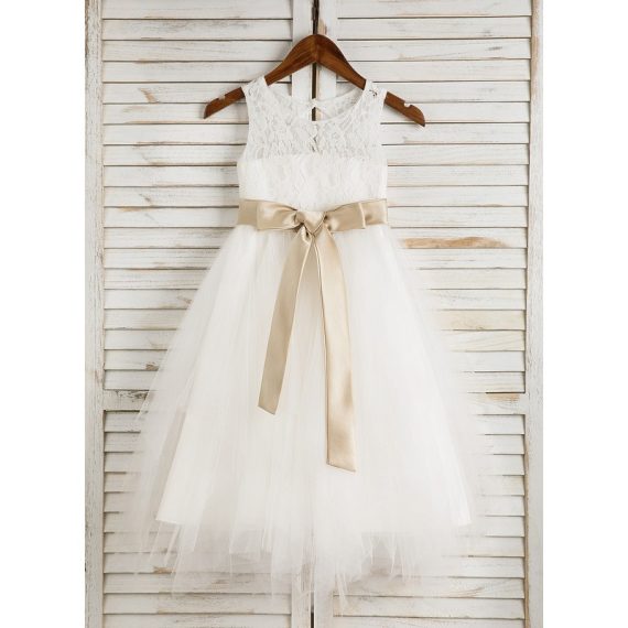A-line Scoop Tea-Length Lace/Satin/Tulle Flower Girl Dress