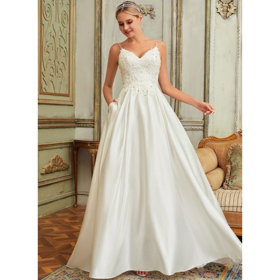 Ball-Gown/Princess V-neck Sweep Train Satin Lace Wedding Dress With Lace Beading Sequins Pockets