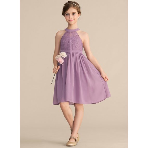 A-Line Halter Knee-Length Chiffon Lace Junior Bridesmaid Dress