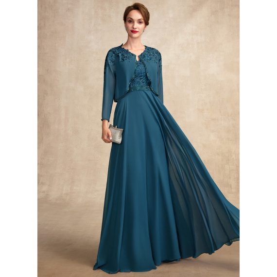 A-line V-Neck Floor-length Chiffon Lace Mother of the Bride Dress With Beading Sequins