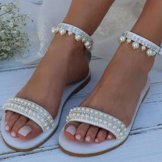 Women's Leatherette Flat Heel Peep Toe With ankle strap Beaded Chain