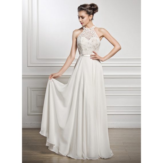 A-Line Floor-Length Chiffon Lace Wedding Dress With Beading Sequins