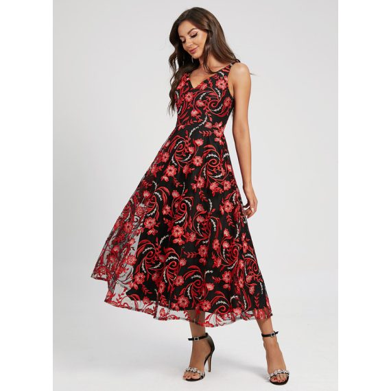 A-Line V-neck Tea-Length Lace Cocktail Dress With Flower(s)