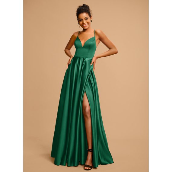 A-line V-Neck Floor-length Satin Prom Dresses