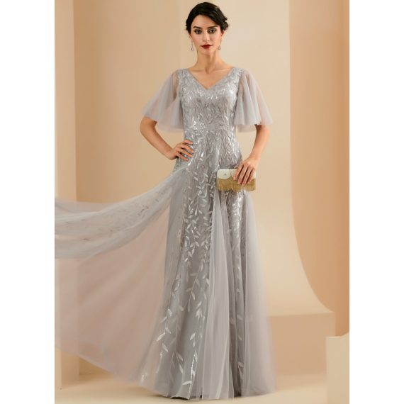 A-Line V-neck Floor-Length Tulle Lace Evening Dress With Sequins