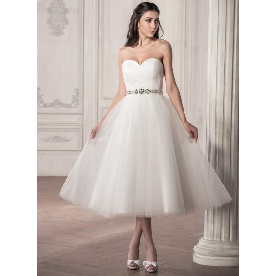 A-Line Sweetheart Tea-Length Satin Tulle Wedding Dress With Ruffle Beading Sequins