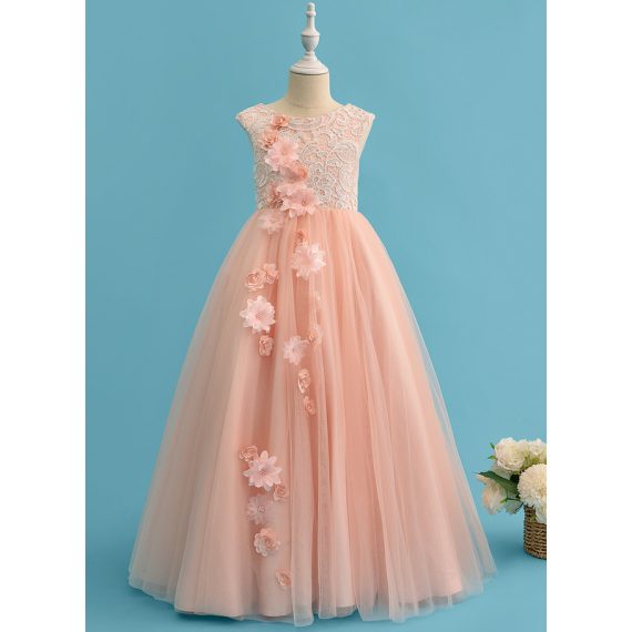Ball-Gown/Princess Scoop Floor-Length Lace/Tulle Flower Girl Dress