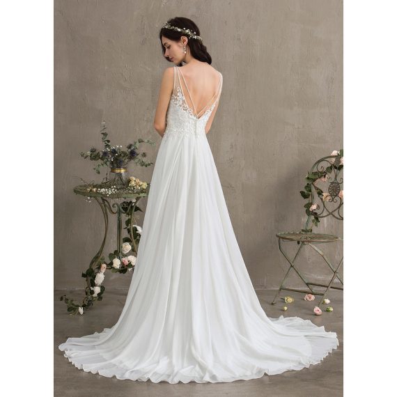 A-Line V-neck Sweep Train Chiffon Lace Wedding Dress With Beading Sequins