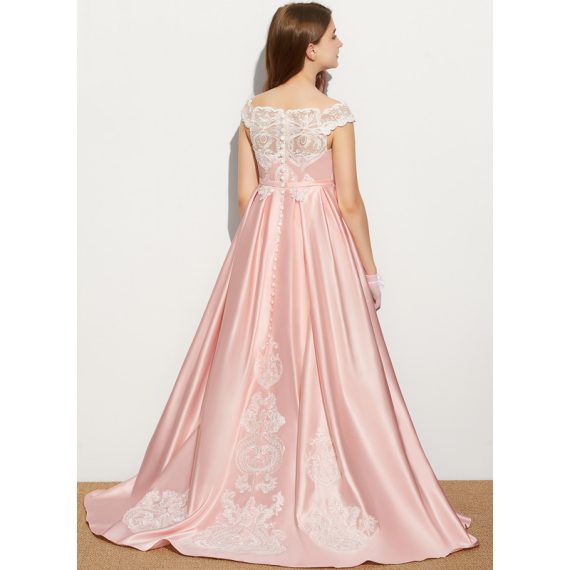 Ball-Gown/Princess Off the Shoulder Sweep Train Lace Satin Junior Bridesmaid Dress