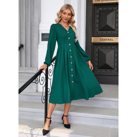 Button V-Neck Long Sleeves Elegant A-line Polyester Midi Dresses