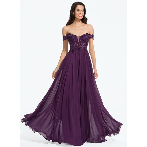 Ball-Gown/Princess Off the Shoulder Floor-length Chiffon Lace Prom Dresses With Beading Sequins
