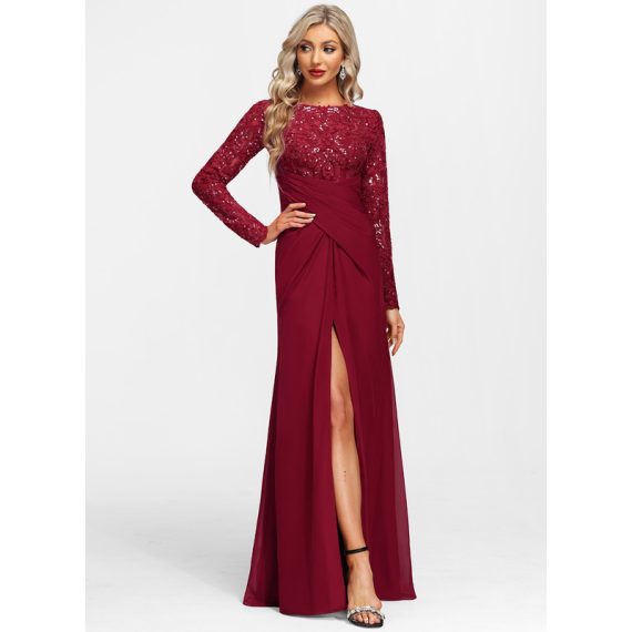 Sheath/Column Boat Neck Floor-Length Chiffon Lace Evening Dress With Sequins Pleated