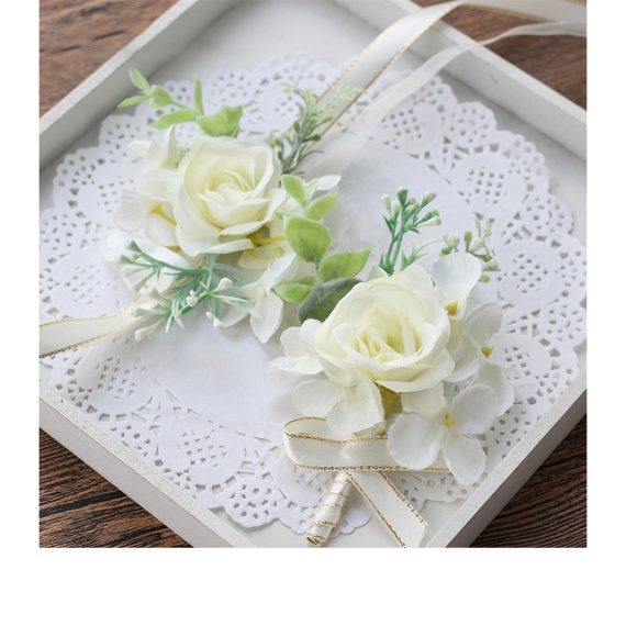 Elegant Round Silk Flower Wrist Corsage/Boutonniere/Wedding Bouquet sets (set of 2) - Wrist Corsage/Boutonniere