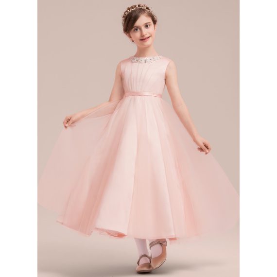 A-line Scoop Ankle-Length Satin/Tulle Flower Girl Dress