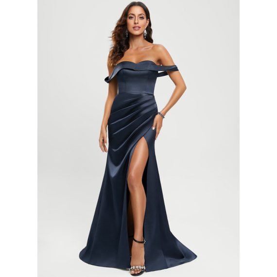 Trumpet/Mermaid Off the Shoulder Sweetheart Sweep Train Satin Prom Dresses