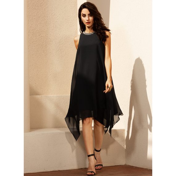 A-Line Scoop Asymmetrical Chiffon Cocktail Dress With Beading