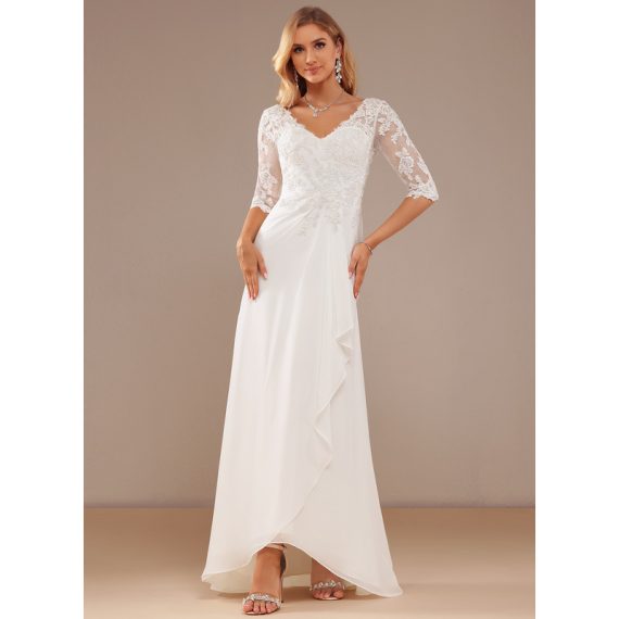 A-line V-Neck Asymmetrical Chiffon Lace Wedding Dress With Ruffle