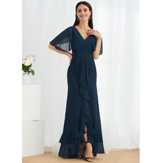 A-Line V-neck Asymmetrical Chiffon Bridesmaid Dress
