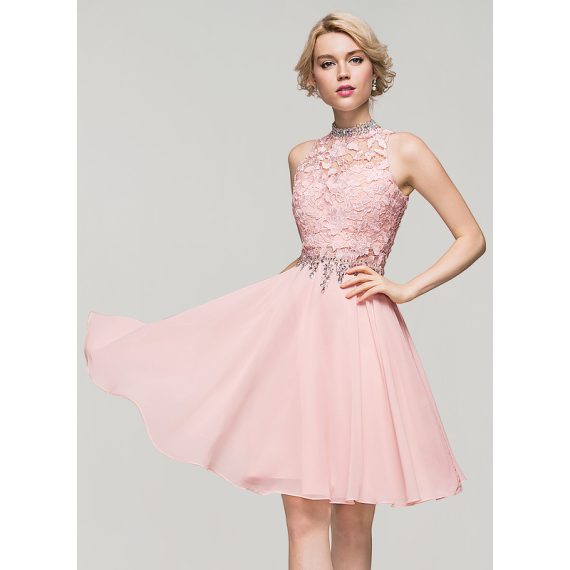 A-Line High Neck Knee-Length Chiffon Lace Homecoming Dress With Beading Sequins
