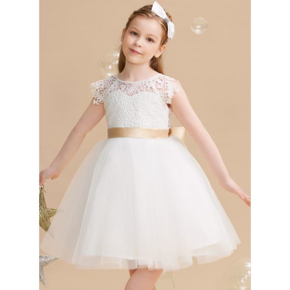 A-line Scoop Knee-Length Lace/Tulle Flower Girl Dress