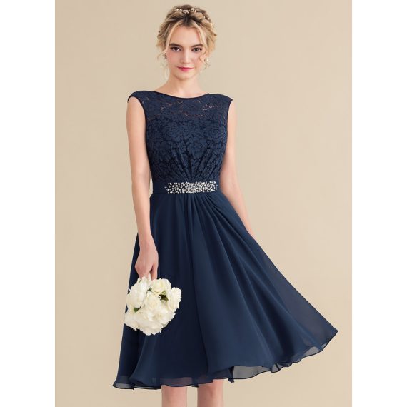 A-Line Scoop Knee-Length Chiffon Lace Homecoming Dress With Beading Bow(s)