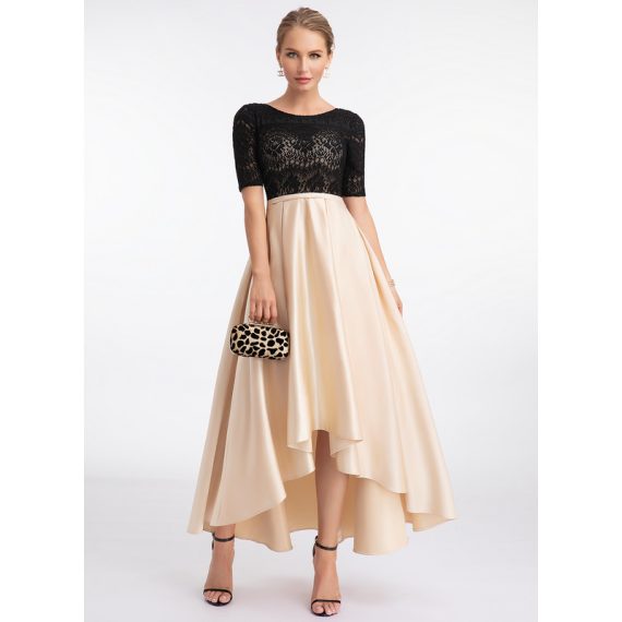 A-Line Scoop Asymmetrical Satin Lace Evening Dress