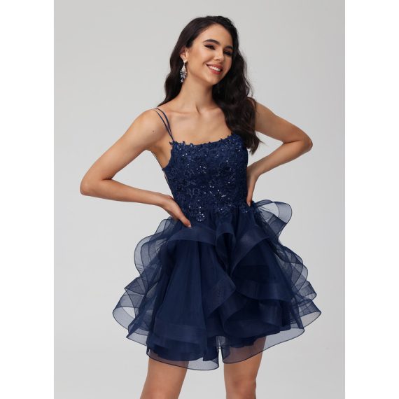 Ball-Gown/Princess Scoop Short/Mini Lace Tulle Homecoming Dress With Sequins