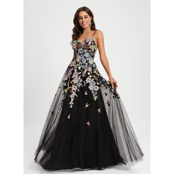 Ball-Gown/Princess V-Neck Sweep Train Lace Tulle Prom Dresses