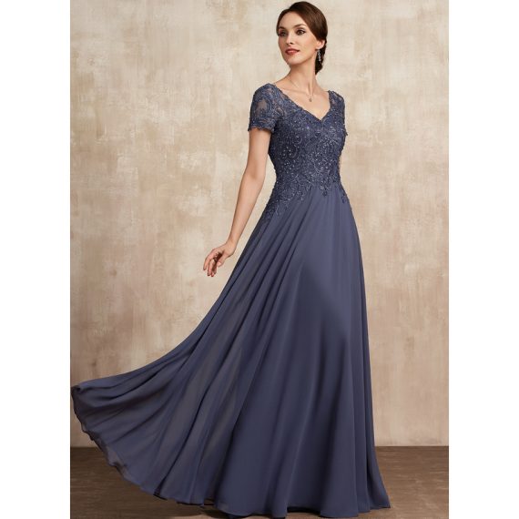A-line V-Neck Floor-length Chiffon Lace Mother of the Bride Dress With Beading Sequins