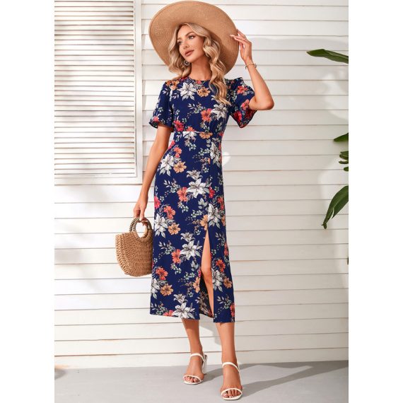 Round Neck Short Sleeves Vacation Sheath Chiffon Midi Dresses