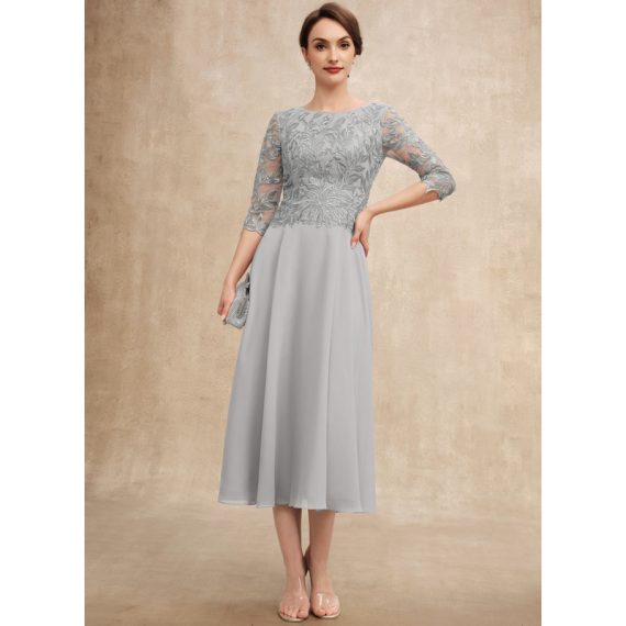 A-line Scoop Tea-Length Chiffon Lace Evening Dress With Sequins